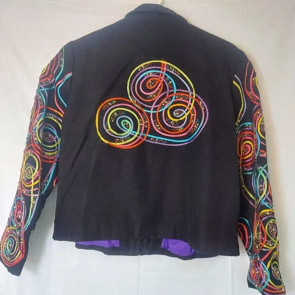 ANAGE Black Cotton Jacket Women's L Colorful Swirl Beaded‎ Embroidery Full Zip